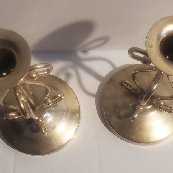 Decorative Candlestick Holder Pair Vtg Metal Material Poss Silverplate Or Brass - Picture 12 of 12